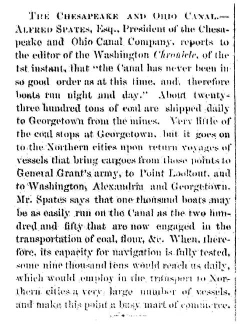 News article in Herald of Freedom & Torch Light, 1864 - "The Chesapeake and Ohio Canal."