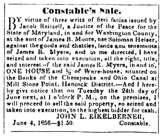 News article in Herald of Freedom & Torch Light, 1856 - "Constable's Sale."