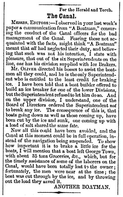 Letter to editor in Herald of Freedom & Torch Light, 1856 - "The Canal."