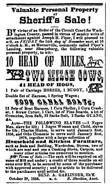 Ad in newspaper, 1856 - "Valuable Personal Property Sheriff's Sale!"