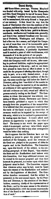 News article in 1856, "Canal Scrip"