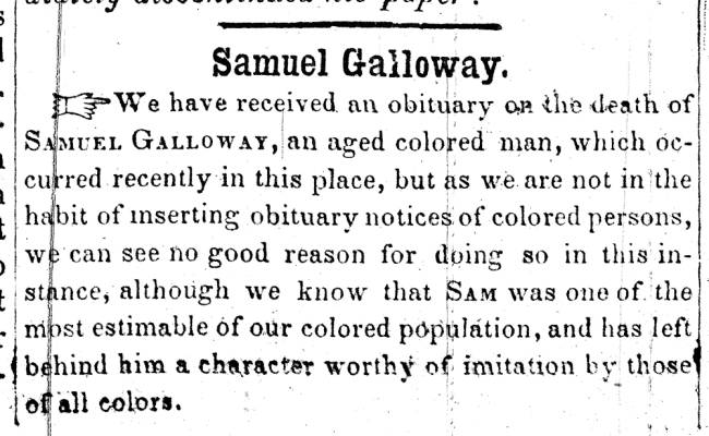 News article in Herald of Freedom & Torch Light, 1851 - "Samuel Galloway"