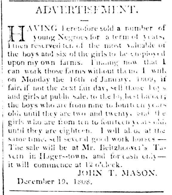 Ad in Maryland Herald and Hagerstown Advertiser, 1808 - "ADVERTISEMENT." 