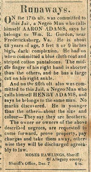 Ad in The Advocate, Cumberland, 1833 - "Runaways." MOSES RAWLINGS, Sheriff Of Allegany county