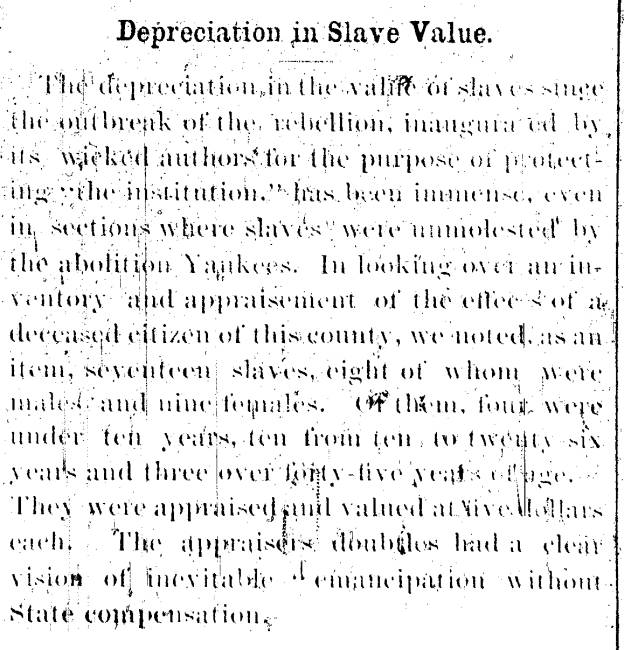 Notice in Herald & Torch Light, 1864 - "Depreciation in Slave Value."
