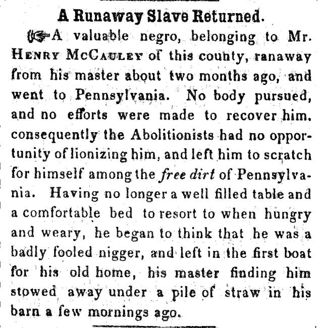 Ad in Herald of Freedom & Torch Light, 1855 - "A Runaway Slave Returned." 