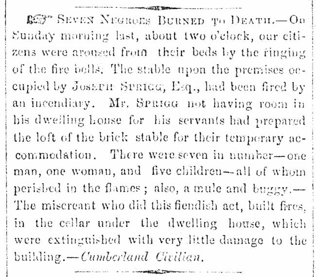 News article in Herald of Freedom & Torch Light, 1863 - "Seven Negroes Burned to Death."