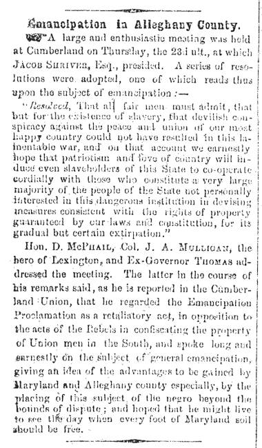 Notice in Herald of Freedom & Torch Light, 1863 - "Emancipation in Alleghany County."