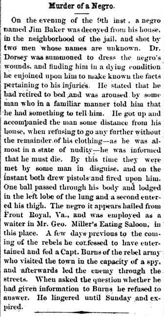 News article in Herald & Torch Light, 1864 - "Murder of a Negro"