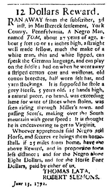 Ad in Washington Spy, 1792 - "12 Dollars Reward." from THOMAS LATA, ROBERT SLEMONS.