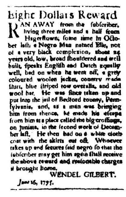 Ad in Washington Spy, 1795 - "Eight Dollars Reward" by Wendel Gilbert