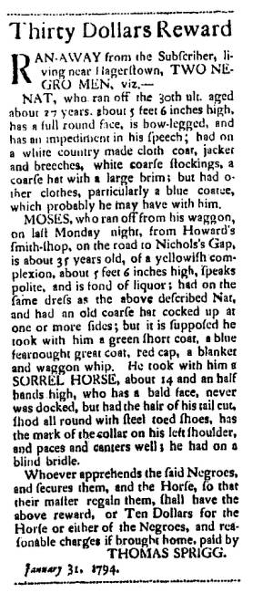 Ad in Washington Spy, 1794 - "Thirty Dollars Reward" by Thomas Sprigg