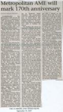 Newspaper article on Metropolitan AME 170th Annivesary