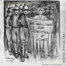 Drawing of Women holding a sign protesting the War