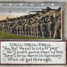 Postcard Drill! Drill! Drill! from World War I of soldiers during gun shooting drill 