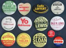 13 images of campaign buttons