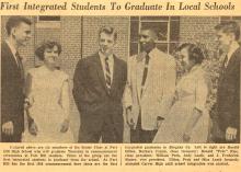 Newspaper article title "First Integrated Students to Graduate In Local Schools"; pic of 6 graduating students - 4 men, 1 of whom is black & 2 white women