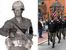 2 photos of John "Perkey" Yates; in combat uniform holding gun and with Cumberland Chapter 172 Color Guard