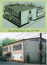 2 photos of school, Howard High School circa 1877-1955, school was vacant in 2009