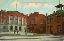 Postcard image of U.S. Post Office and Court House, Cumberland MD; Officers in courtyard with water fountain in the middle.