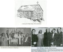 3 images combined - 1 of church drawing, 2 of newspaper clippings from church functions
