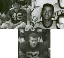 Collage of 3 cropped pictures featuring 2 football team players and 1 basketball player