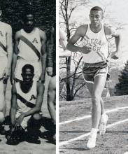 Cropped images of 2 boys from track team photo; second photo of play runner on track field