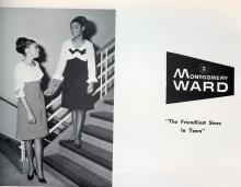 2 young women stand on stair well for the Montgomery Ward, with caption "The friendliest store in town"