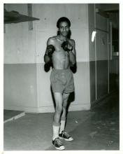 Photo of boxer in stance with arms up and gloves on