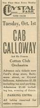 Newspaper clipping promoting Cab Calloway at Crystal Park
