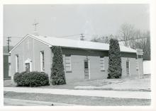 Black and white image of church building