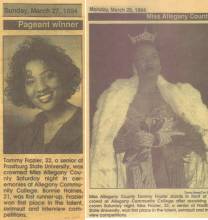 Newspaper clipping of Pageant winner - 2 photos; 1 of Tammy Frazier at FSU, 1 of Miss Allegany County Pageant