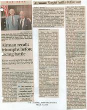 Newspaper article titled "Airman recalls triumphs before facing battle"