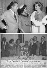 Two photos; 1st of man and 2 women in elegant dress; 2nd of Page One Ball Queen gathered around judges