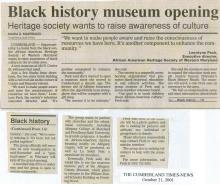 Clippings of newspaper article about Black history museum opening