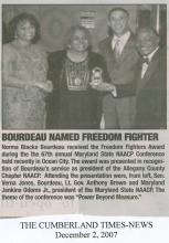 Newspaper article clipping about Bourdeau Named Freedom Fighter, Cumberland Time News 2007