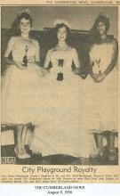 Newspaper clipping of 3 young women posing as they are crowned in the City Playground pageant