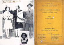 3 photos; 1st of 3 people, woman holding flowers, woman holding coat and man; school photo of woman; Marian Anderson program cover