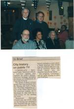 Photo and Newspaper clipping; photo of 5 people at reception; clipping of article title "City history on public TV"