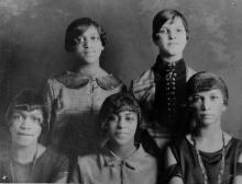 5 young ladies pose for 1926 Valentines Day Dance at Frederick Street School, Allegany County MD