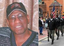 2 photos of Robert Peck; cropped picture with hat of flag/eagle, picture with Honor Guard