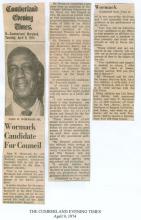 Newspaper article clipping about Wormack Candidate For Council
