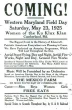 News flyer: Coming Western Maryland Field Day - Women of the Klu Klux Klan, Cumberland MD