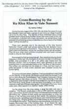 Article titled "Cross Burning by the Klu Klux Klan in Vale Summitt"