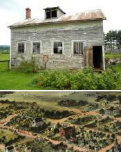 2 images - top image of old abandoned church building, bottom image drawing of area where church stood