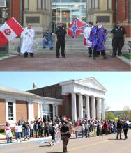 2 photos of KKK march; 1st of members outside of Allegany County, Maryland Courthouse holding flags, 2nd of protestors in front of Allegany Library 