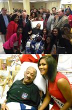 2 photos of William Colbert receiving Congressional Medal of honor in nursing home bed surrounded by dignitaries; bottom photo with great-grand-daughter, Aynia Dorsey, Miss Black Pennsylvania US Ambassador
