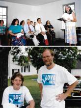 2 photos, one at Dunker Church service and second of 2 people at a peace and unity rally in Washington County MD