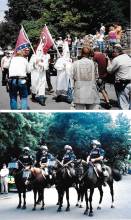 2 photos during KKK march 2004; photo of members in robes and white hoods carrying confederate flags; 4 police on horses