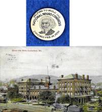 2 photos; Frederick Douglass button for the National Negro Congress, postcard of the Queen City Hotel, Cumberland MD